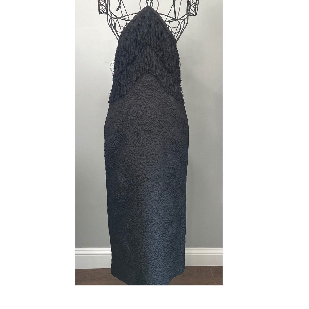 Elegant Black Midi Dress with Fringe Bodice